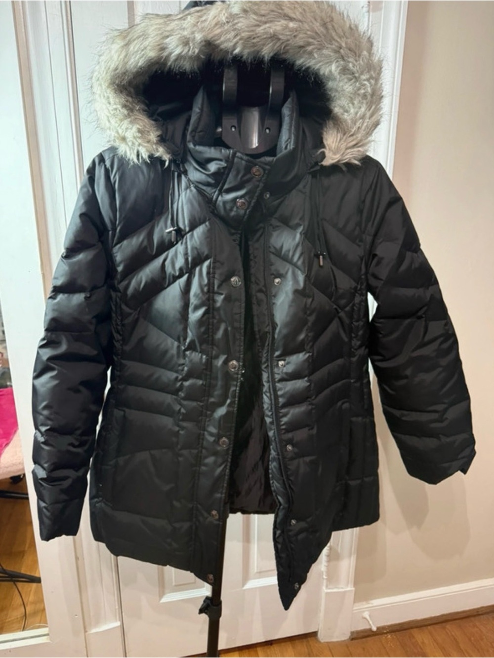 London Fog Black Kids Hooded Puffer Jacket with Faux Fur Trim